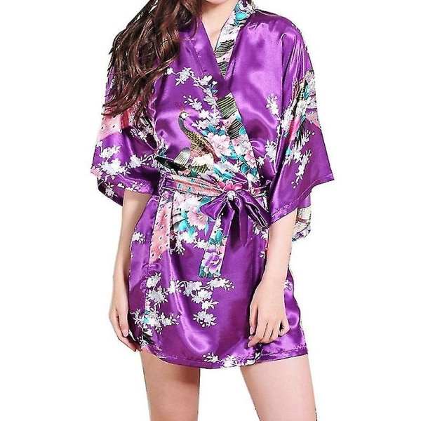 Kvinnor Blommig Siden Satin Kimono Robe Klänning Sovkläder Badrock Purple 2XL