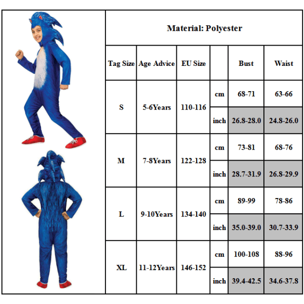 Sonic The Hedgehog Cosplay-kostymeklær for barn, gutter, jenter - Jumpsuit + maske + hansker 10-14 år = EU 140-164 Jumpsuit+huva+handske 9-10 år = EU 134-140