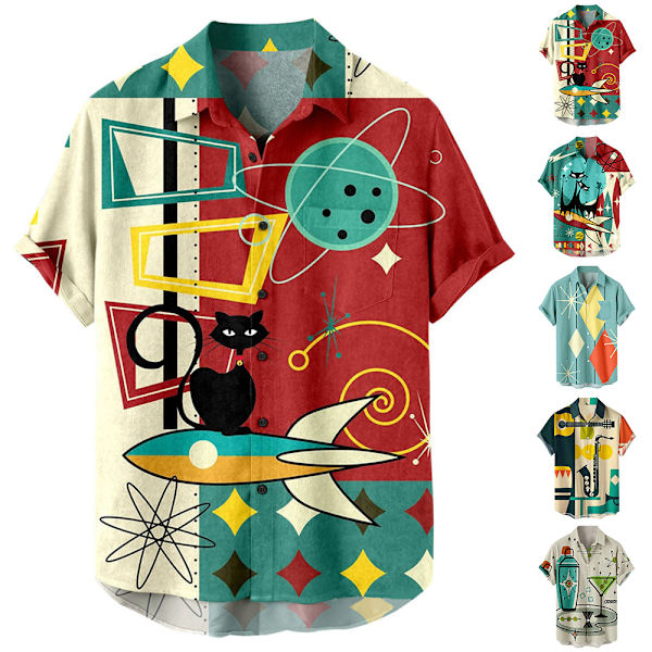 Retro Button Down-skjortor för män 50S Rockabilly Summer Tops #3 M