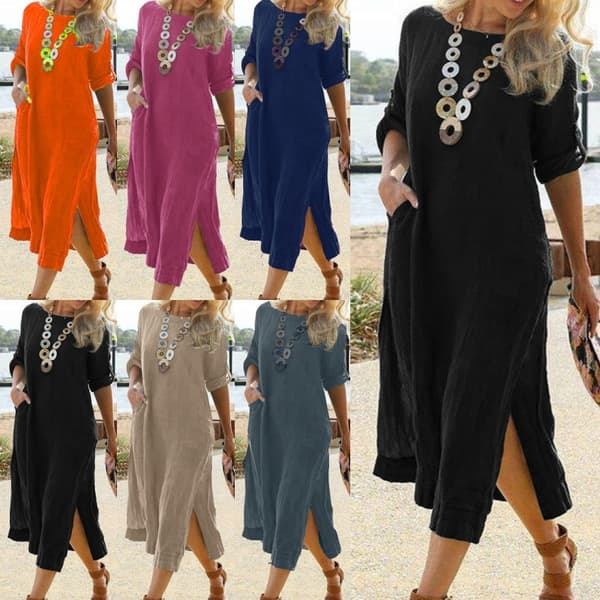 Kvinder Roll Tab Sleeve ong Kjole Solid Summer Beach Sundress Orange L