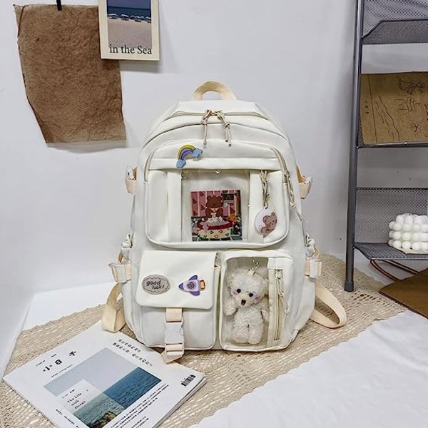 Ryggsäck med Kawaii-nål och tillbehör, 40*30*11cm (beige)