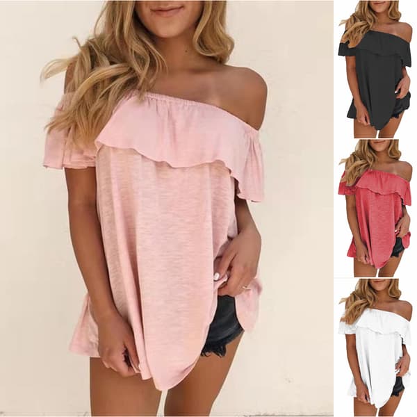 Plus Size Womens Summer Off Shoulder kortermet bluse T-skjorte Red L