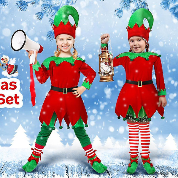 Jullov Elf Cosplay Dräkt Outfit För Barn Barn Flickor Xmas Cosplay Outfits Klänning Strumpor Skor Hatt Fancy Dress Up 9-10 Years