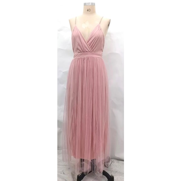 Elegant mesh-flytende, slank midjekjole med åpen rygg (rosa S)