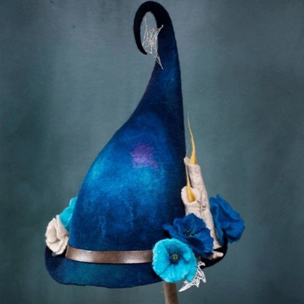 Halloween kostym Filt häxa hattar med blomma Handgjorda Cosplay Blue