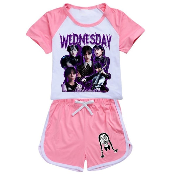 Onsdag Addams Printed Barn Flickor Träningsoverall Set Kortärmad T-shirt Shorts Casual Loungewear Pyjamas Outfits Pink 9-10 Years
