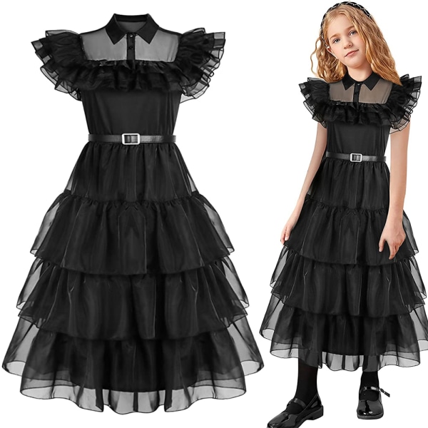 Kids Addams Black Dress Tyttö Keskiviikko Halloween Cosplay -asu 1 130cm
