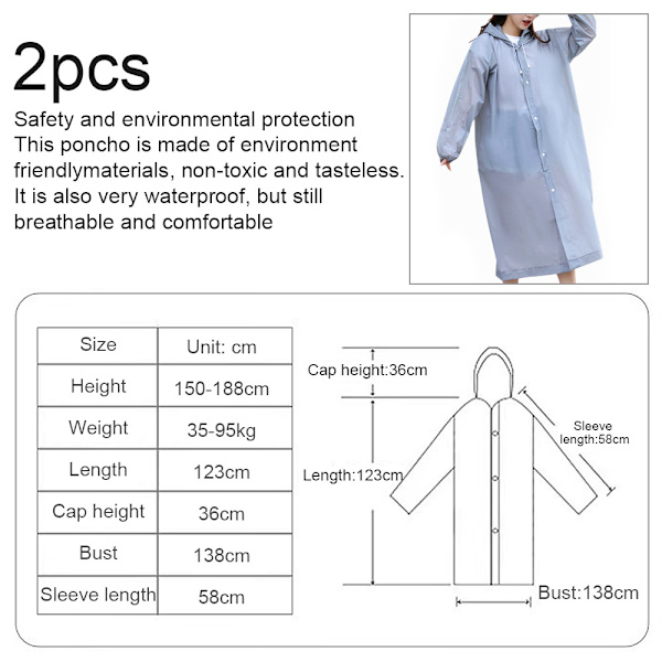 2 st ponchos/regnrockar för vuxna med luva och dragsko grey