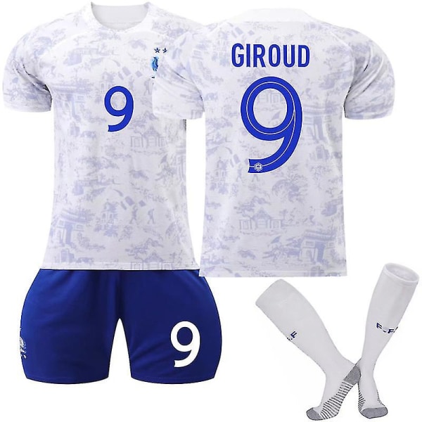 22-23 VM Frankrike Borta fotbollströja T-shirt nr 19 Benzema Fotbollströja Set 22 23 GIROUD 9 Kids 24(140-145CM)