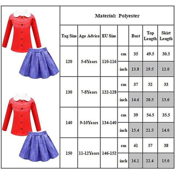 Lasten tyttöjen punaiset Cosplay-asuasut pitkähihaiset topit + laskostettu luistelijahame 11-12 Years