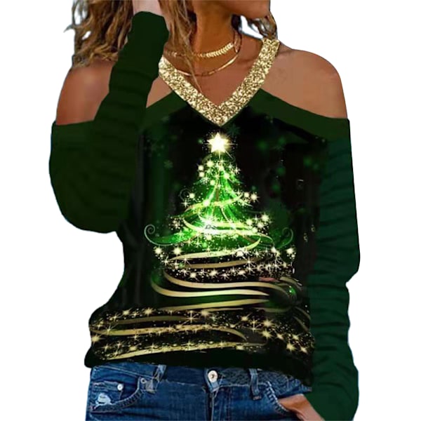 Juletoppe til Kvinder Jul Langærmet Kold Skulder Trøjer Dame Juletræs Print Ferie Bluser Green
