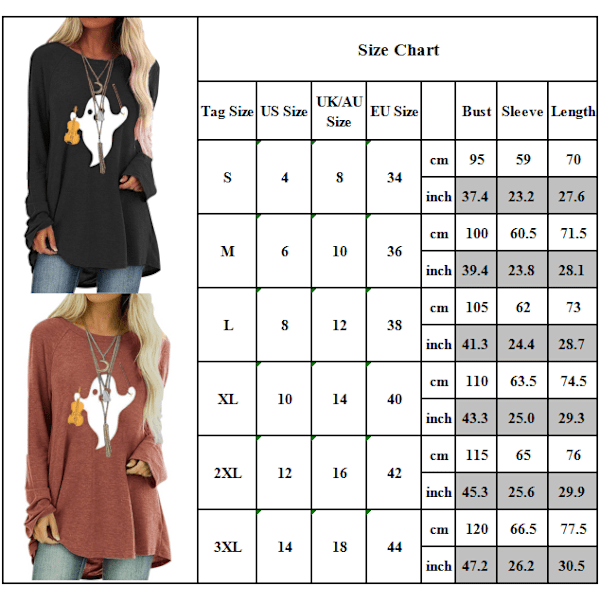 Dam Halloween-tryckt Långärmad T-shirt Blus Casual Basic Grey XL