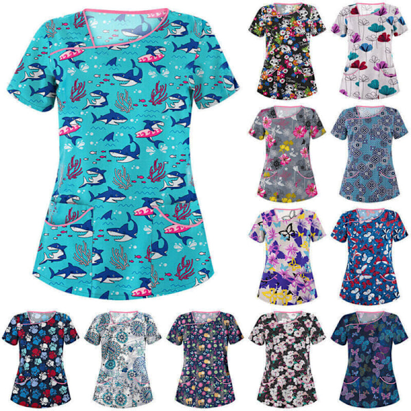 Dam Cartoon-tryckt Medicinsk Uniform Sjukvård Skrubb T-shirts Toppar Blus Tee #2 M
