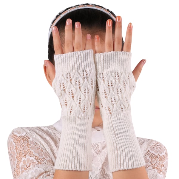Kvinnor varm vinterarmvärmare Stickad långa fingerfria vantar White