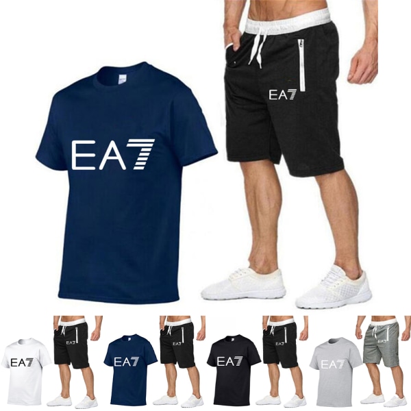 Sommarträningsdräkt för män 2 delar, EA7 kortärmade T-shirts Shorts Sportkläder A M