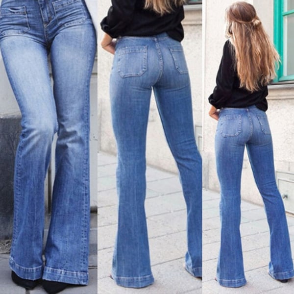 Dam 70-tal Trendiga Slim Fit utsvängda Bell Bottom jeansbyxor blue 2XL