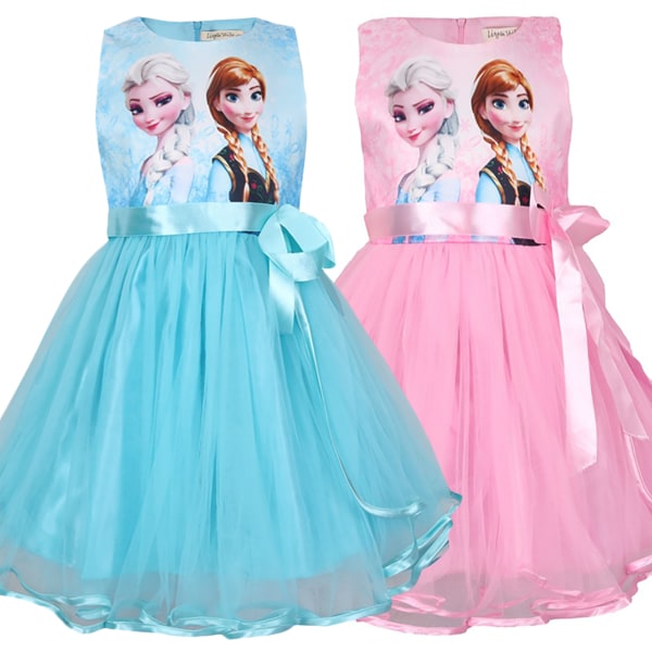Frozen Princess Tutu Klänning Mesh Dress Anna Elsa Printed Pink 140 cm