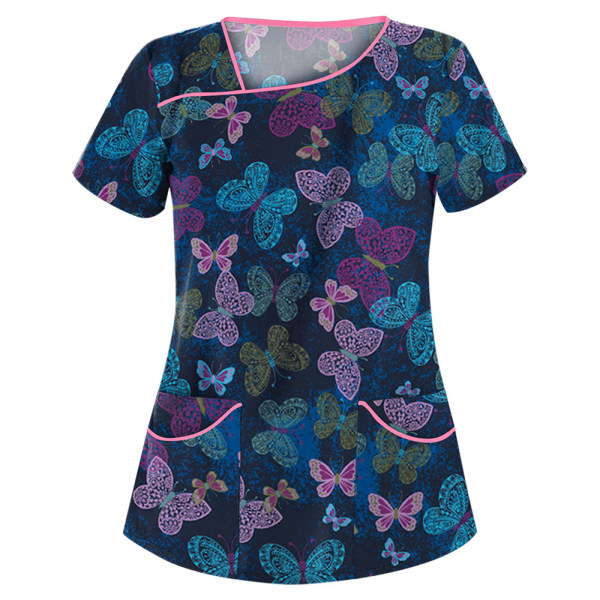 Kvinnors tecknade printed medicinska uniformer omvårdnad Scrub T-shirts Toppar Blus Tee #14 XL