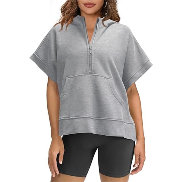 Kvinnors halv dragkedja huvtröja kortärmad pullover topp sommar oversized sporttröja med fickor 2024 Grey XL