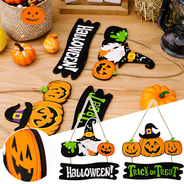 Puinen kyltti, tonttu, noita, Halloween, kurpitsa, juhlat, riippuva koriste, rekvisiitta A