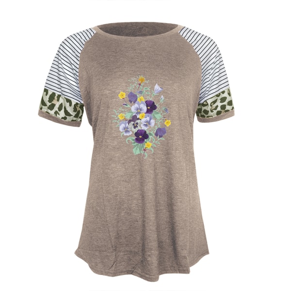 Dam Sommar Blommig T-shirt Toppar Leopard Casual Blus Tee Wine Red L