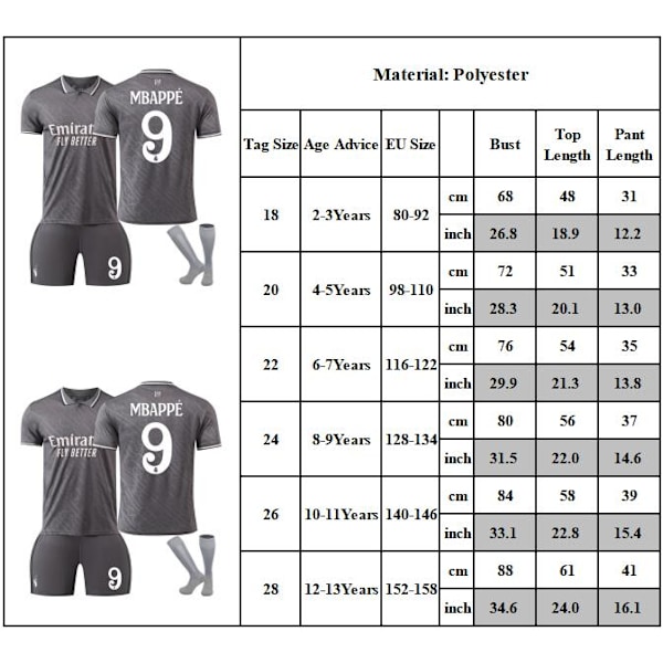 24-25 Real Madrid Anden Division Trøje Børn Fodboldtrøje Sæt Activewear #9 Mbappé Fodboldoutfits Fodboldholdstrøje Med Strømper 18
