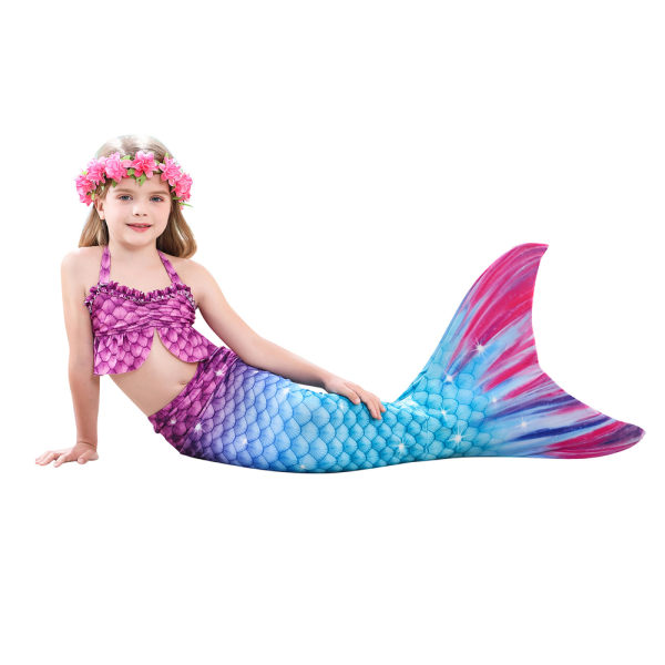 Flickor Sjöjungfru Svans 3PCS Set Kostym Baddräkt Badkläder Strandkläder Ålder 2-13 År A 100cm