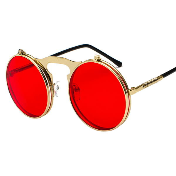 Vintage Flip Up Lens Solglasögon Mens Circle Round Glasögon Gold Frame Red Lenses 3 Pack