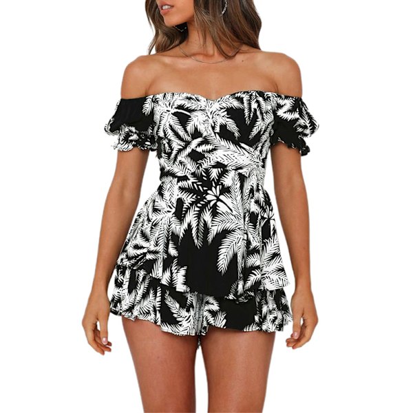 Blomstret Off Shoulder Legedragt Romper Shorts Flæse Jumpsuit til Kvinder Black M