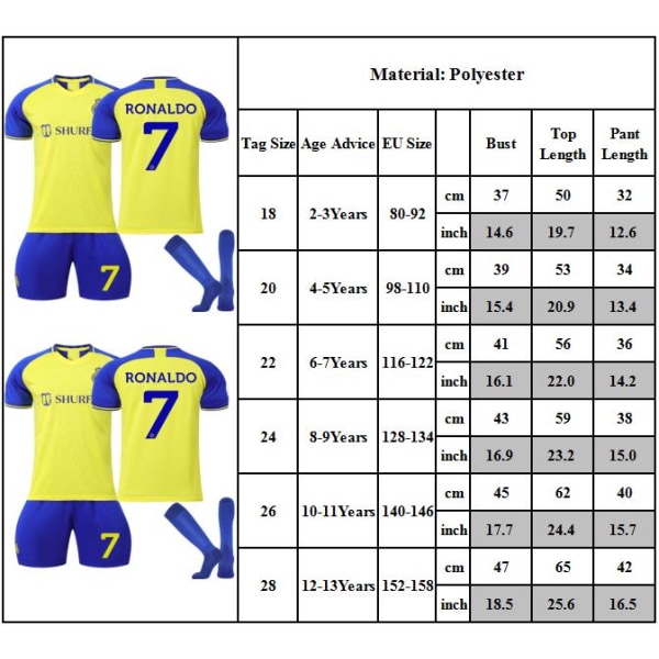 Fotbollströja Barn Ronaldo Nr.7 Dräkt Fotbollströja Kit Hemma Match Barn Pojkar Jersey Träningsoverall Tröja+Shorts+Strumpor Size 20