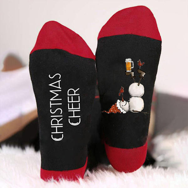 Mjuka och fluffiga julstrumpor med tecknad snögubbe - Varma inomhusstrumpor, julklapp Black red