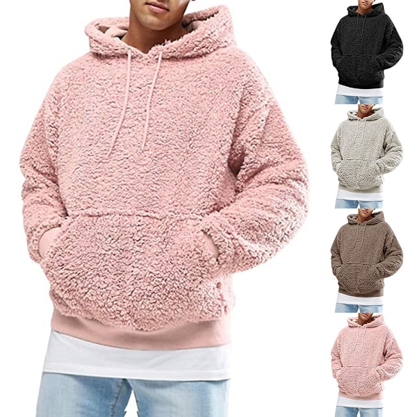 Herr Fluffig Huvtröja Teddy Fleece Hoodie Plysch Lätt Pullover Viscos Tröja Sweatshirt med Två Fickor Pink M