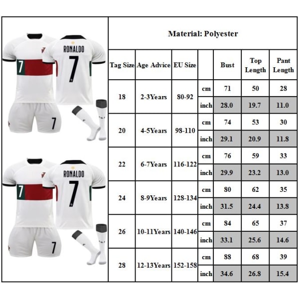 2223 Portugal Borta Vit Nr.7 Cristiano Ronaldo Fotbollströja Set Barn Ungdom Fotboll Sportkläder Outfit Träningsdräkt 18