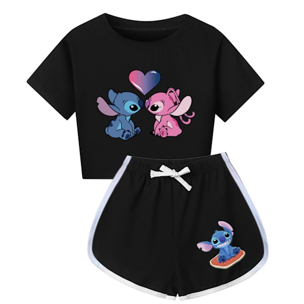 Stitch Sommar T-shirt Toppar Shorts Set Barn Flickor Pyjamas Loungewear Träningsdräkt Set Black 120cm