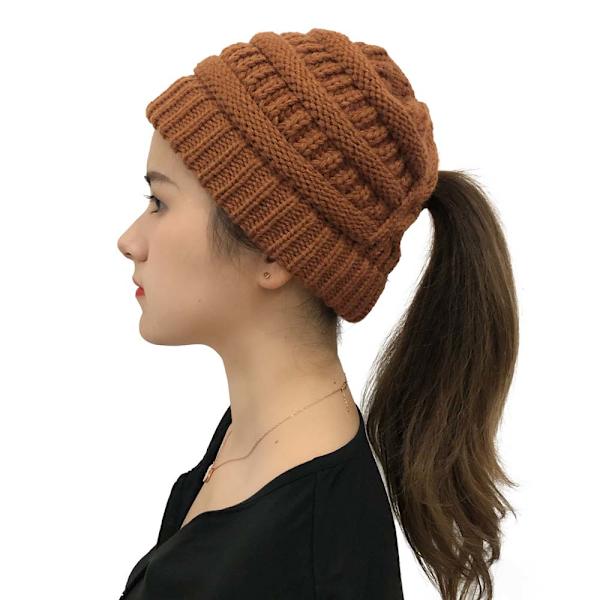 Vintervarm mössa med hästsvans för kvinnor - Stickad, slarvig skalle caramel colour