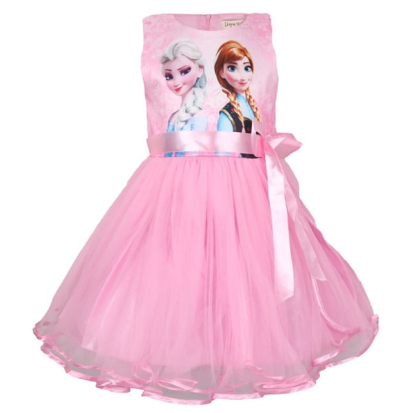Frozen Princess Tutu Klänning Mesh Dress Anna Elsa Printed Pink 130 cm