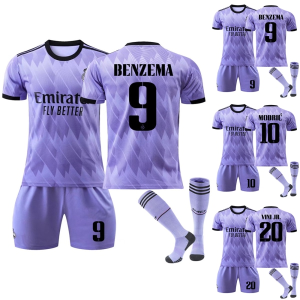 Real Madrid borta Lila nr 9 Benzema nr 20 Vinicius Fotbollsdräkt Sportkläder Skjorta Shorts Strumpor Outfits #9 20