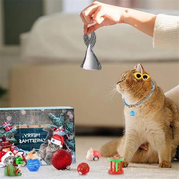2024 Julkalender med katt-leksaker, 24 dagars nedräkning till jul, Julkalender-present, 24 st kattfjäder-retande leksaker och bollklockor för kattungar