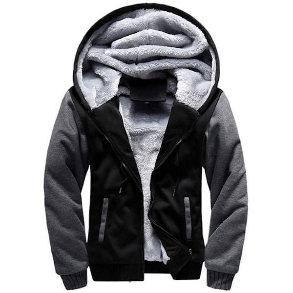 Varm vinterjacka för män med Sherpa-fleece och huva Black & Grey 4XL