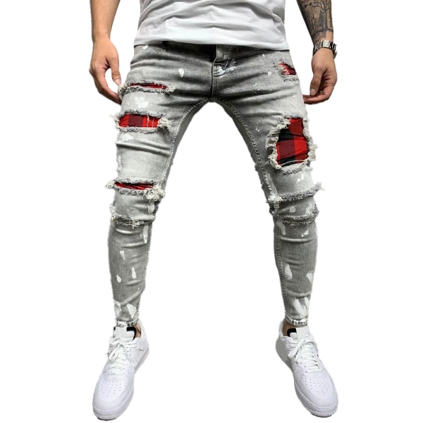 Män Stretch Ripped Printed Jeans Byxor Underdelar Slim Fit Byxa S