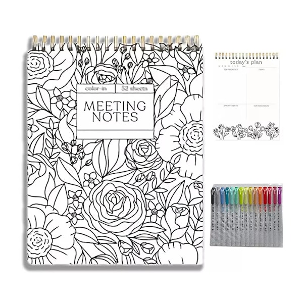Värityskuvioinen kierrevihko ja päivittäinen suunnittelija 15 värimerkintäkynällä toimistoon Meeting Notes + Pen