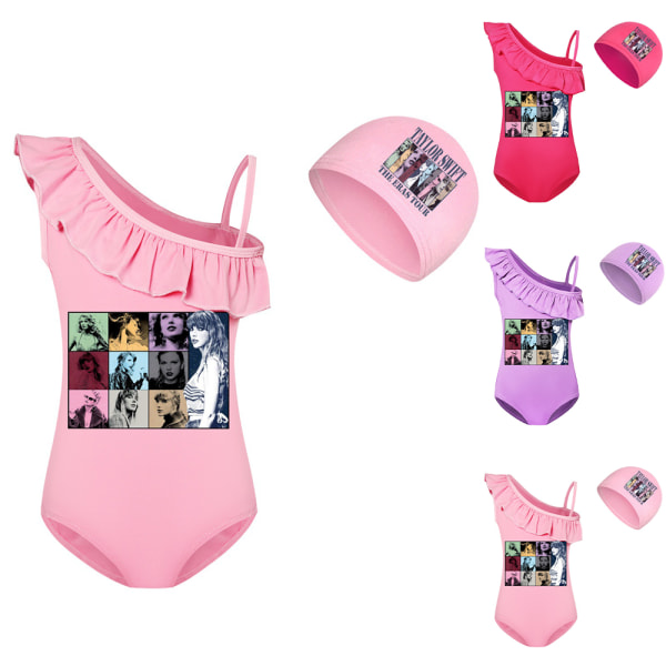 Flickor Barn Taylor Badkläder Tecknad Baddräkt Baddräkt + Mössa Bikini Surf Pink 130cm