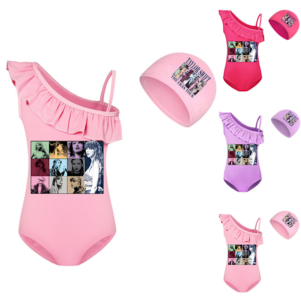 Flickor Barn Taylor Badkläder Tecknad Baddräkt Baddräkt + Mössa Bikini Surf Rose Red 140cm