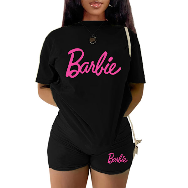 Naisten verryttelypuku, 2-osainen Barbie-urheilupuku, lyhythihainen toppi, T-paita ja shortsit, rento kesäurheiluvaatetussetti Black M