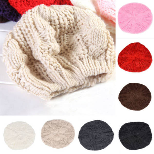 Kvinder Beret Hue Vinter Varm Strikket Baggy Ski Hue White