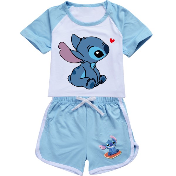 2st Lilo And Stitch T-shirt Toppar Shorts Set PJ'S Loungewear träningsoverall outfit Light blue 130cm