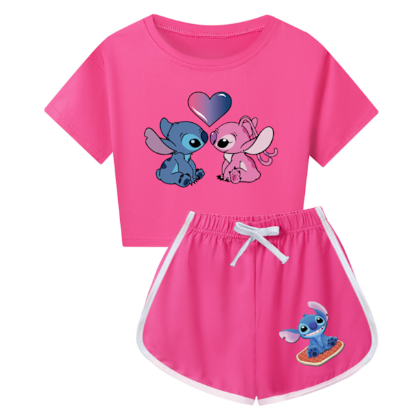 Stitch Sommar T-shirt Toppar Shorts Set Barn Flickor Pyjamas Loungewear Träningsdräkt Set Rose Red 120cm