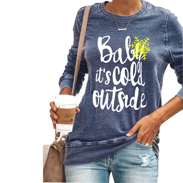 Kvinder Langærmet Jule Letter Print T-shirt Rund Hals Jul Blue M