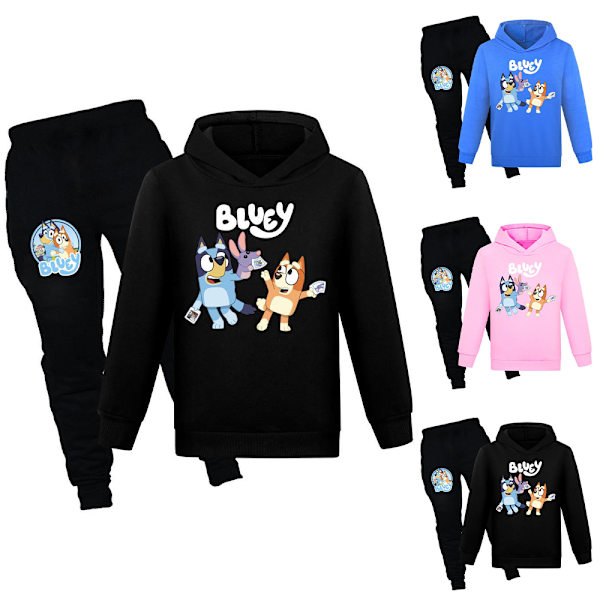 Barn Pojkar Flickor Bluey Print Casual Hoodie Träningsset Hoody Topp Byxor Kostym 7-14år Black 130cm