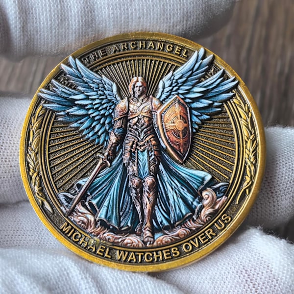 Saint Michael Skydd Utmaningsmynt - 1,57 Tum Zinklegering, Psalm 91, Ärkeängeln Mikael vakar över oss, Kristen Gåva med Skyddande Fodral